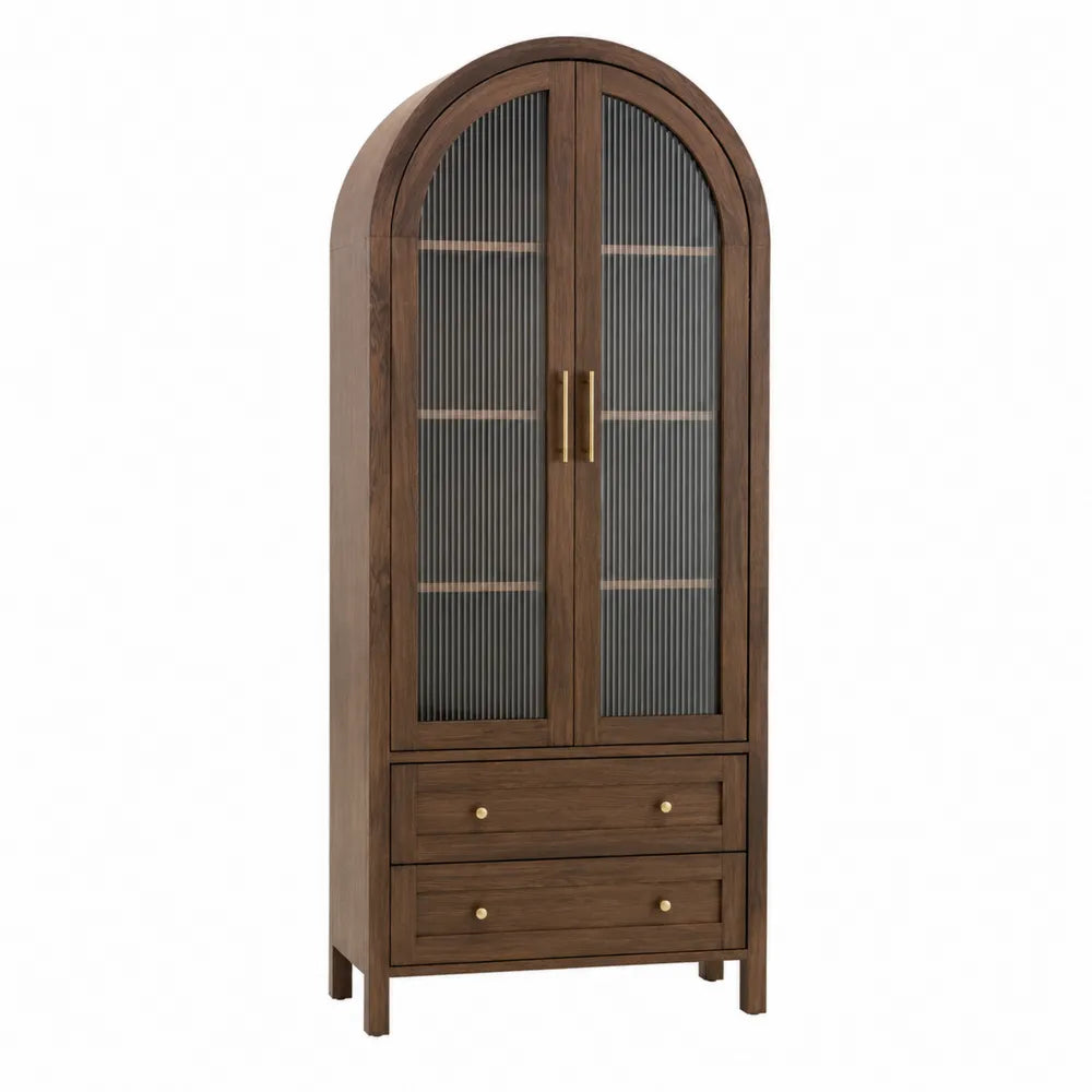 Armadio alto in legno con ante in vetro temperato e cassetti, 180x80x40 cm