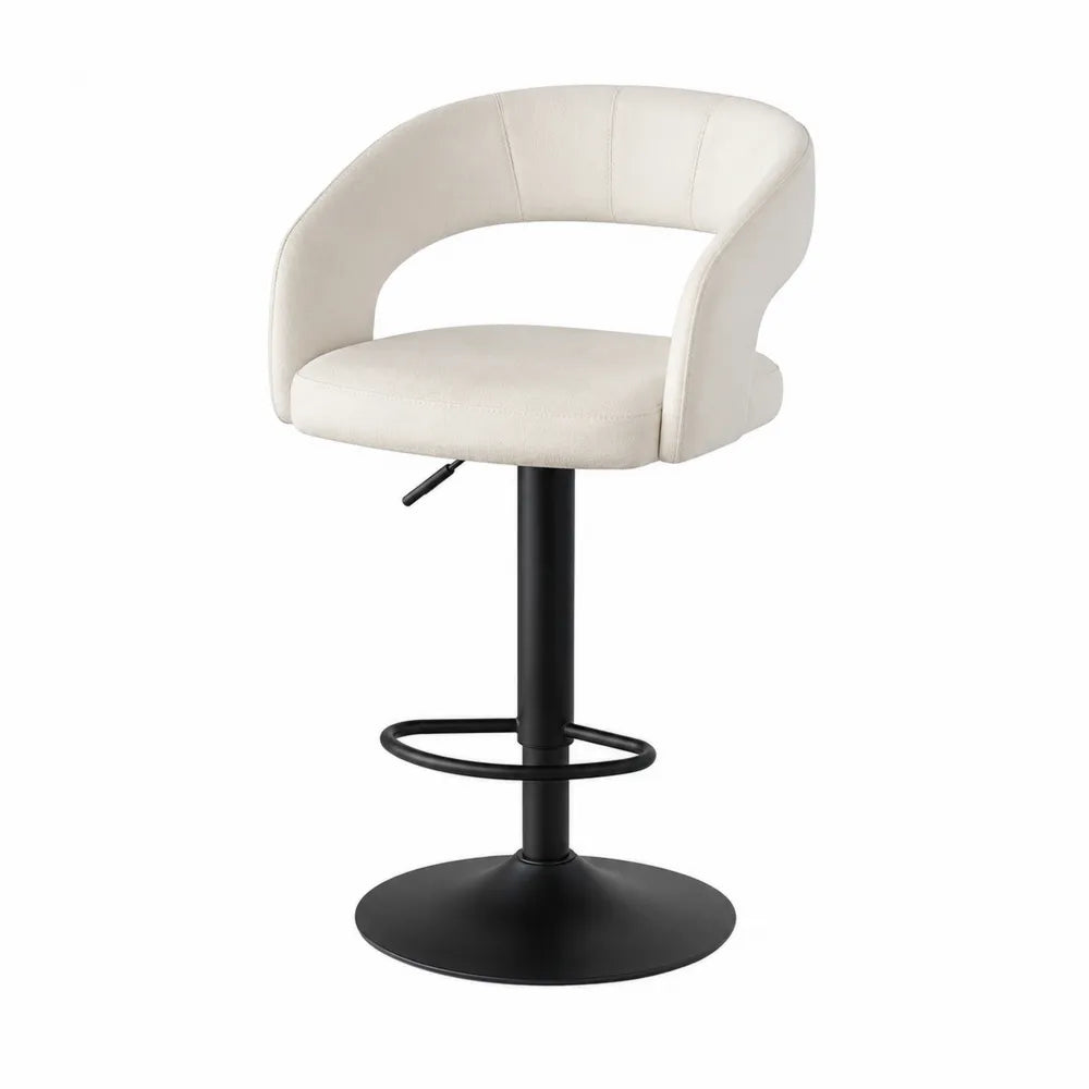 Sgabello in tessuto beige con base in metallo nero