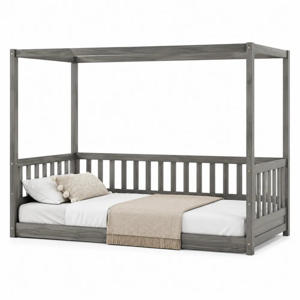 Letto a Baldacchino Singolo in Legno per Bambini Grigio
