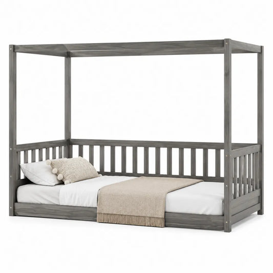 Letto a Baldacchino Singolo in Legno per Bambini Grigio
