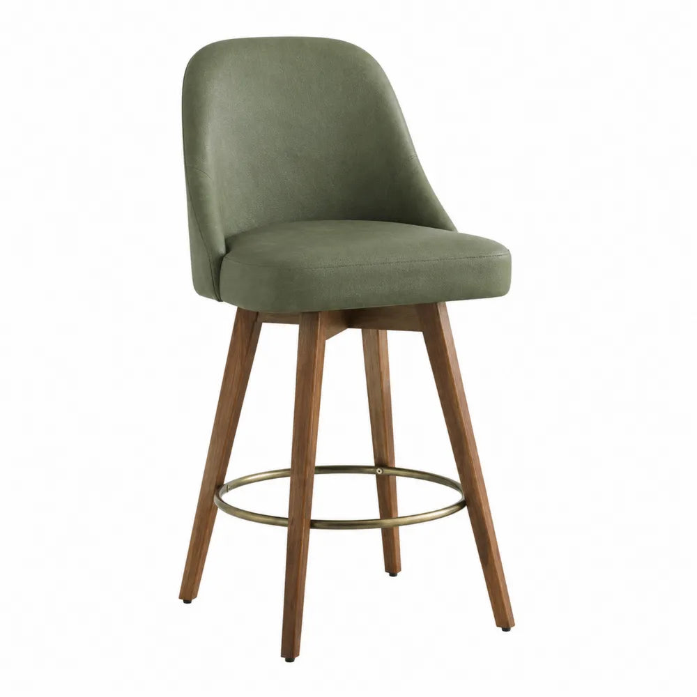 Sgabello in legno con seduta in microfibra verde e struttura in metallo