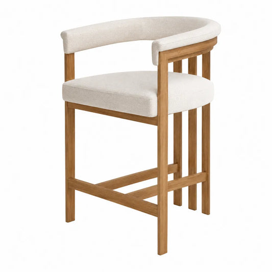 Sgabello da bar in legno di quercia e tessuto di cotone beige