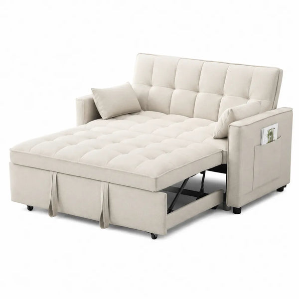 Divano Letto in Tessuto Beige con Cuscini e Contenitore