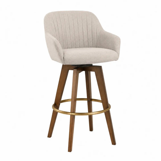 Sgabello da bar girevole in tessuto beige con gambe in legno e poggiapiedi in metallo