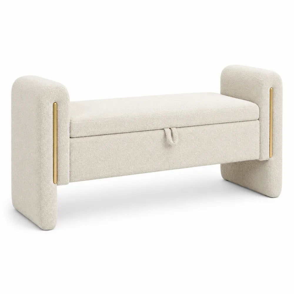Panca in Tessuto Bouclé Beige con Spazio di Archiviazione