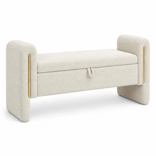 Panca in Tessuto Bouclé Beige con Spazio di Archiviazione