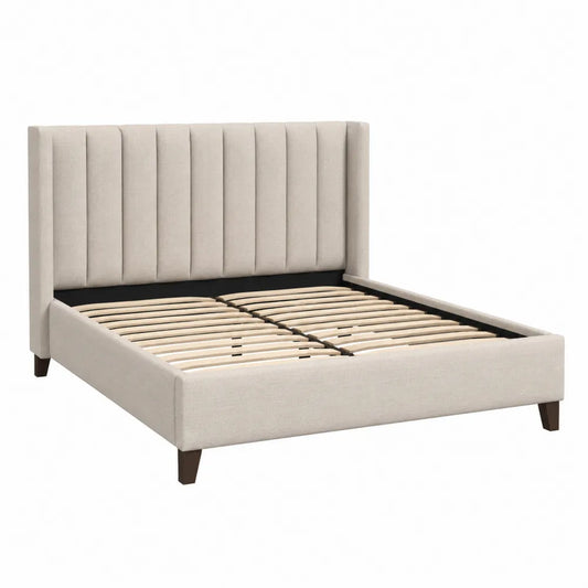 Letto matrimoniale in legno e tessuto poliestere beige con testiera imbottita 160x200 cm