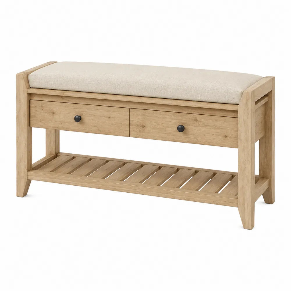 Panca in legno con cuscino in cotone beige e doppio cassetto 100x35x50 cm