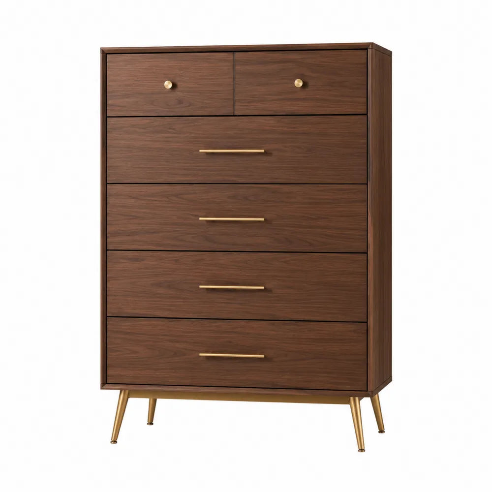 Cassettiera in Legno con Gambe Metallo Dorato, 5 Cassetti Noce
