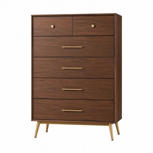 Cassettiera in Legno con Gambe Metallo Dorato, 5 Cassetti Noce