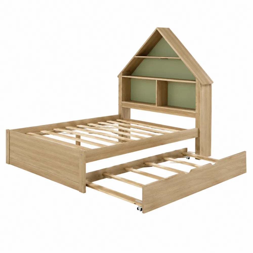 Letto per bambini in legno con libreria a forma di casetta e letto estraibile