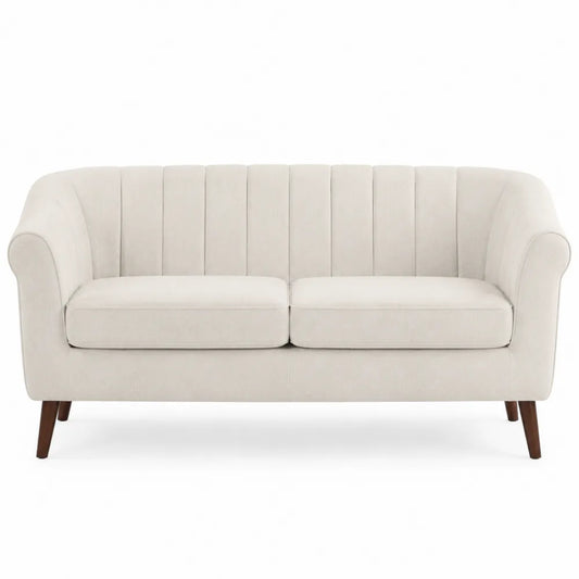 Divano 2 posti in tessuto poliestere beige con gambe in legno