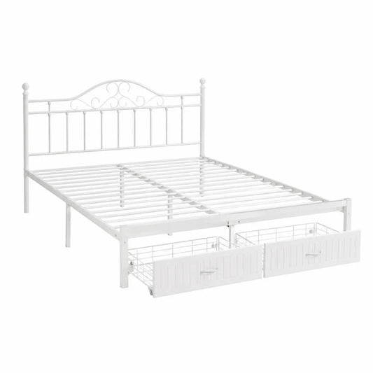 Letto matrimoniale in metallo bianco con cassetti estraibili