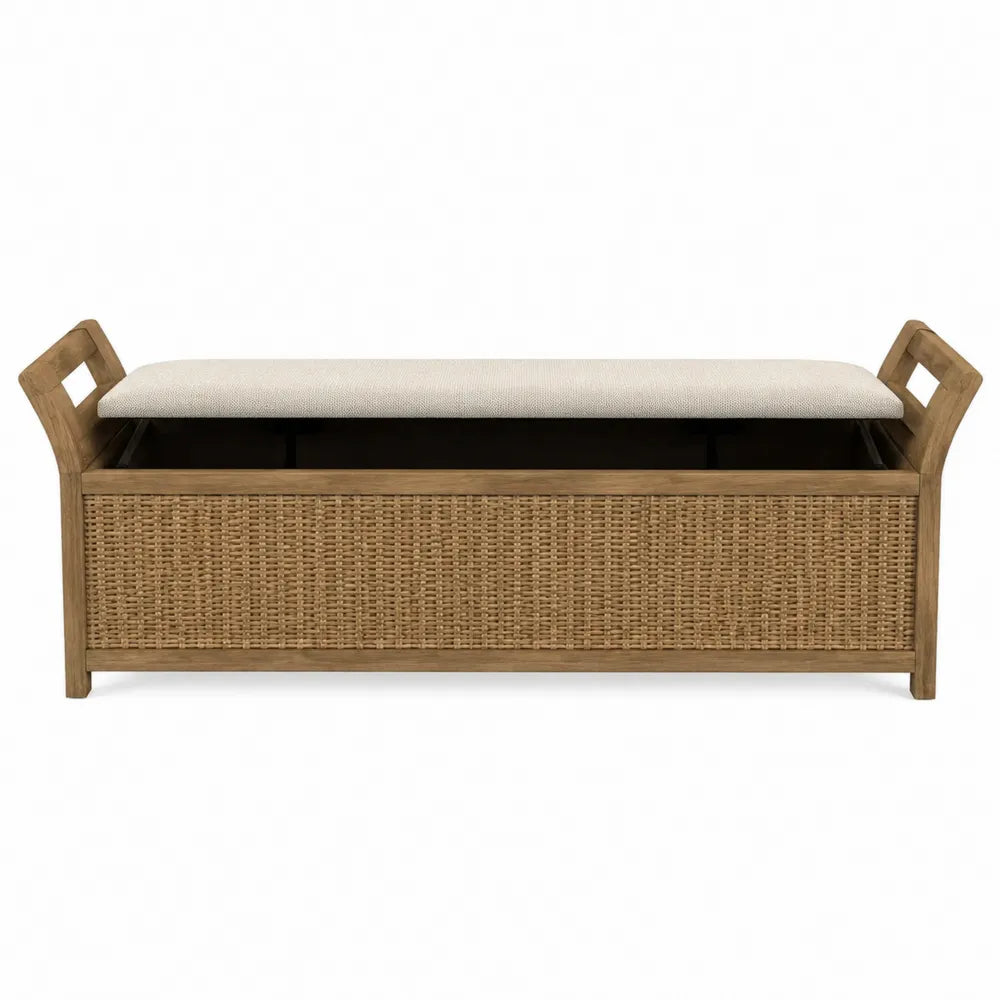 Panca in legno e rattan con cuscino crema