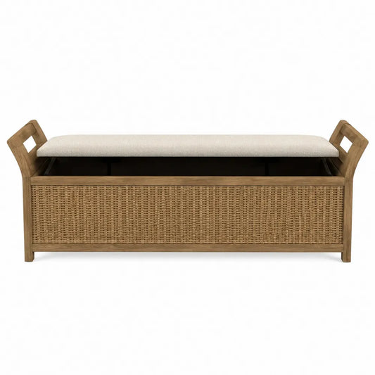 Panca in legno e rattan con cuscino crema